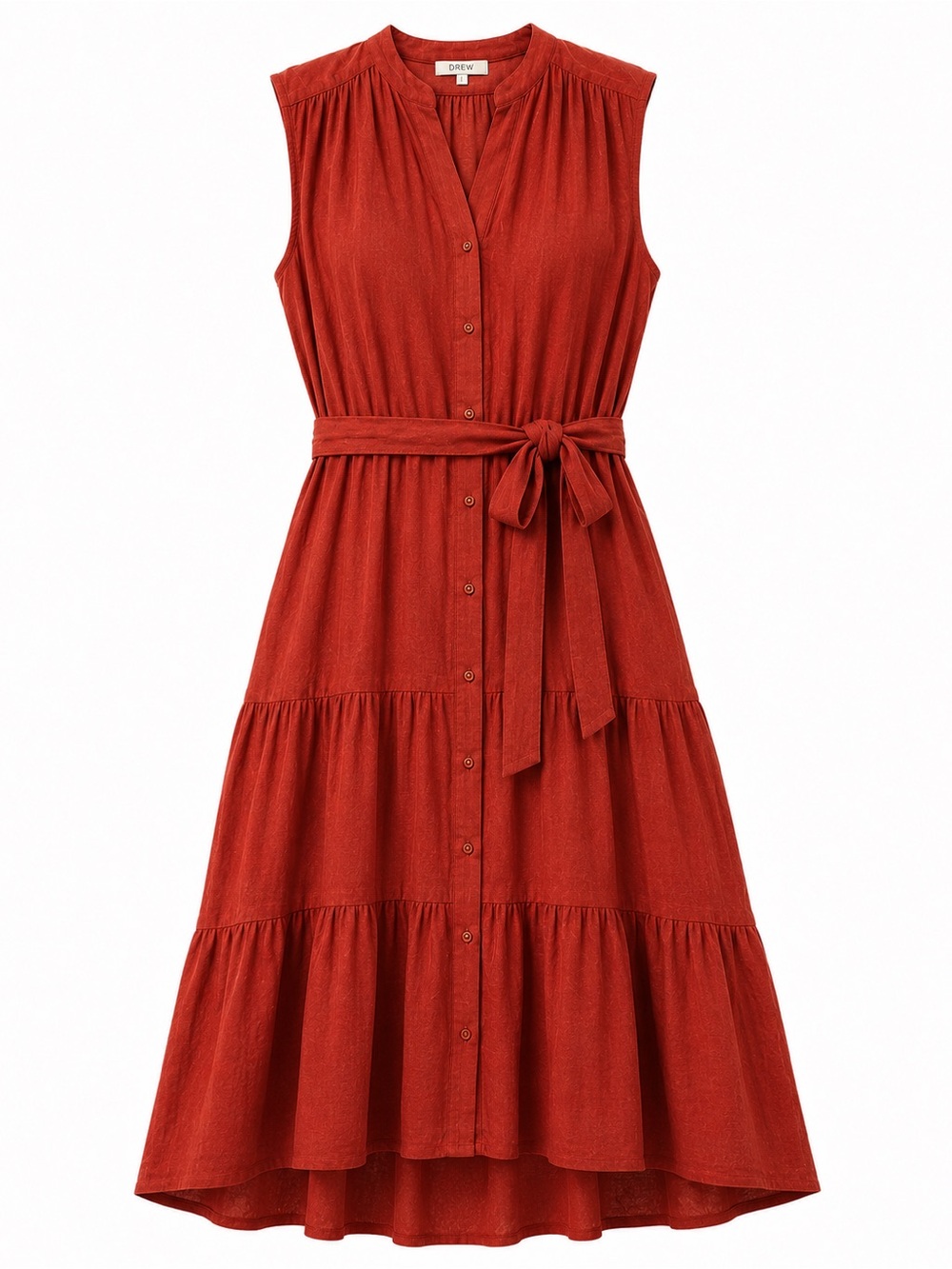 Drew Amber Cotton Midi Dress Medium Button Front Tie Waist Tiered Boho Summer